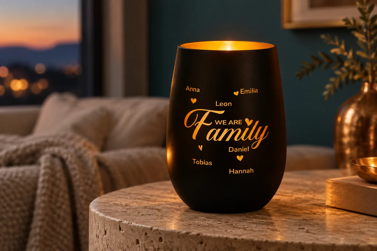 Eine Hand entzündet die Kerze in einem personalisierten Familien-Windlicht