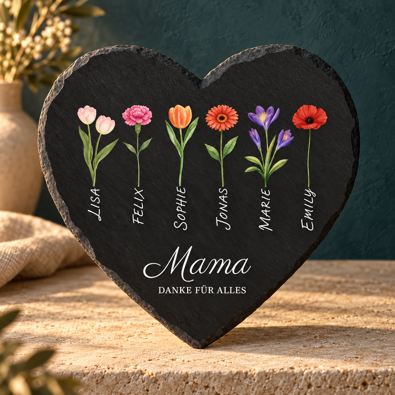 Schieferherz für Mama mit Geburtsblumen