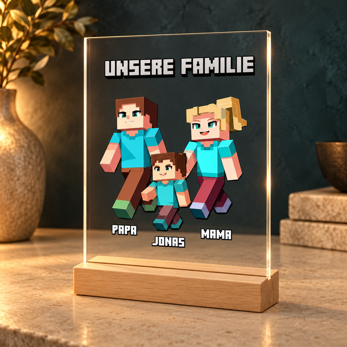 Acryltafel mit aufgebauten Familienfiguren