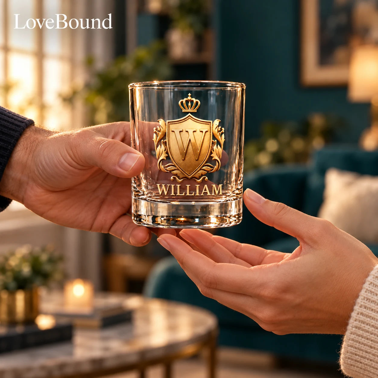Whiskyglas 300 ml mit goldenem 3D-Wappen – LoveBound Galerieansicht 3