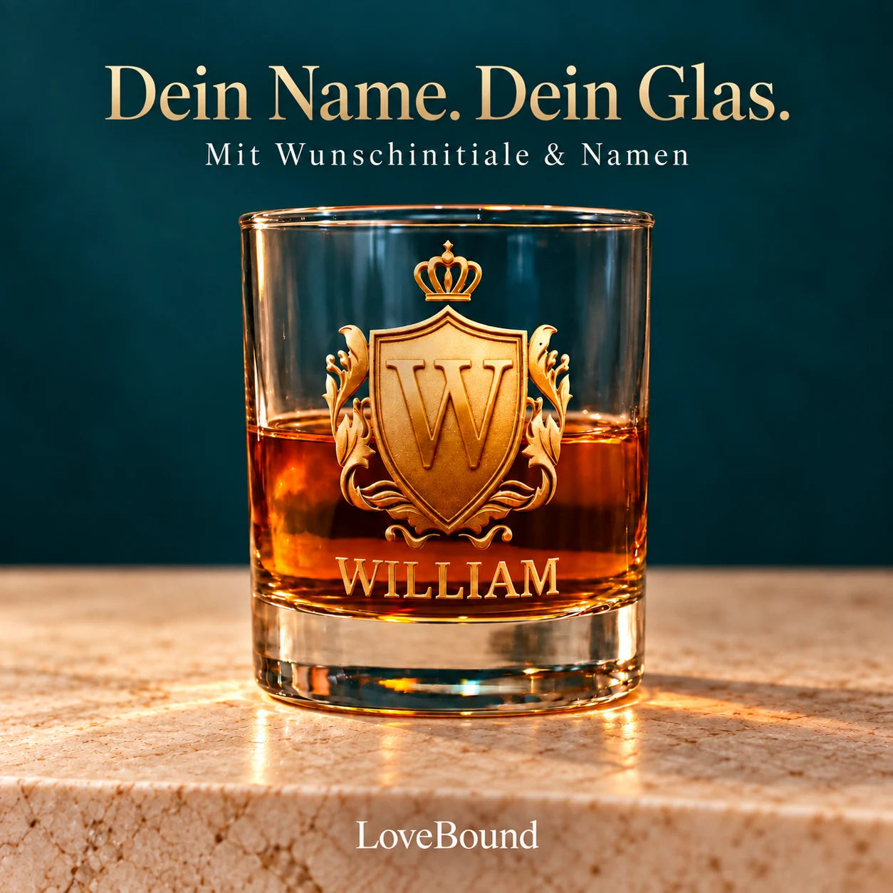 Whiskyglas 300 ml mit goldenem 3D-Wappen – LoveBound Galerieansicht 1