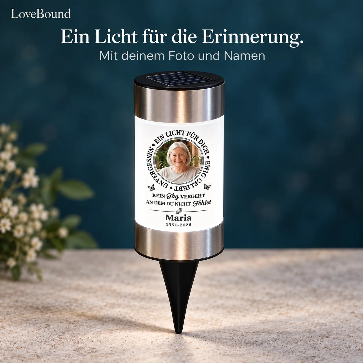 Solar-Gedenklicht mit Foto und Namen – LoveBound Galerieansicht 1