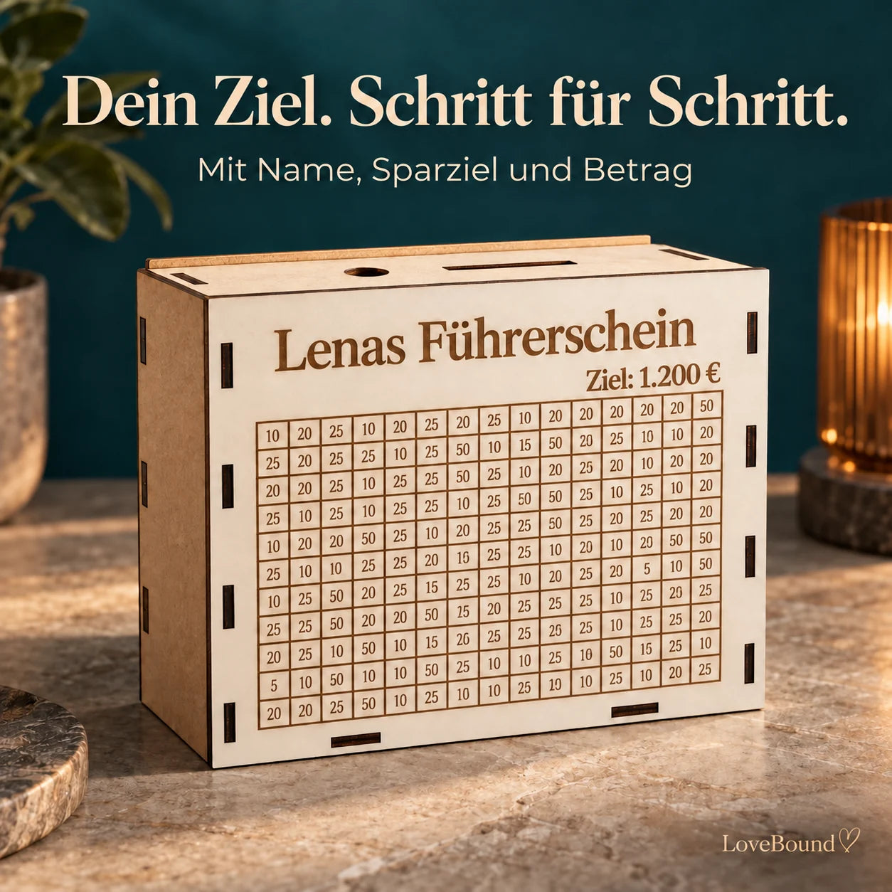 Spardose mit Sparziel zum Abhaken – LoveBound Galerieansicht 1