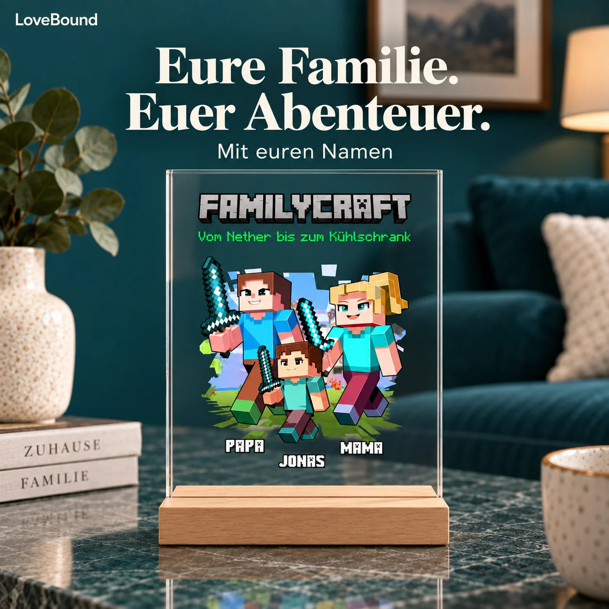Acryltafel mit aufgebauten Familienfiguren – LoveBound Galerieansicht 1