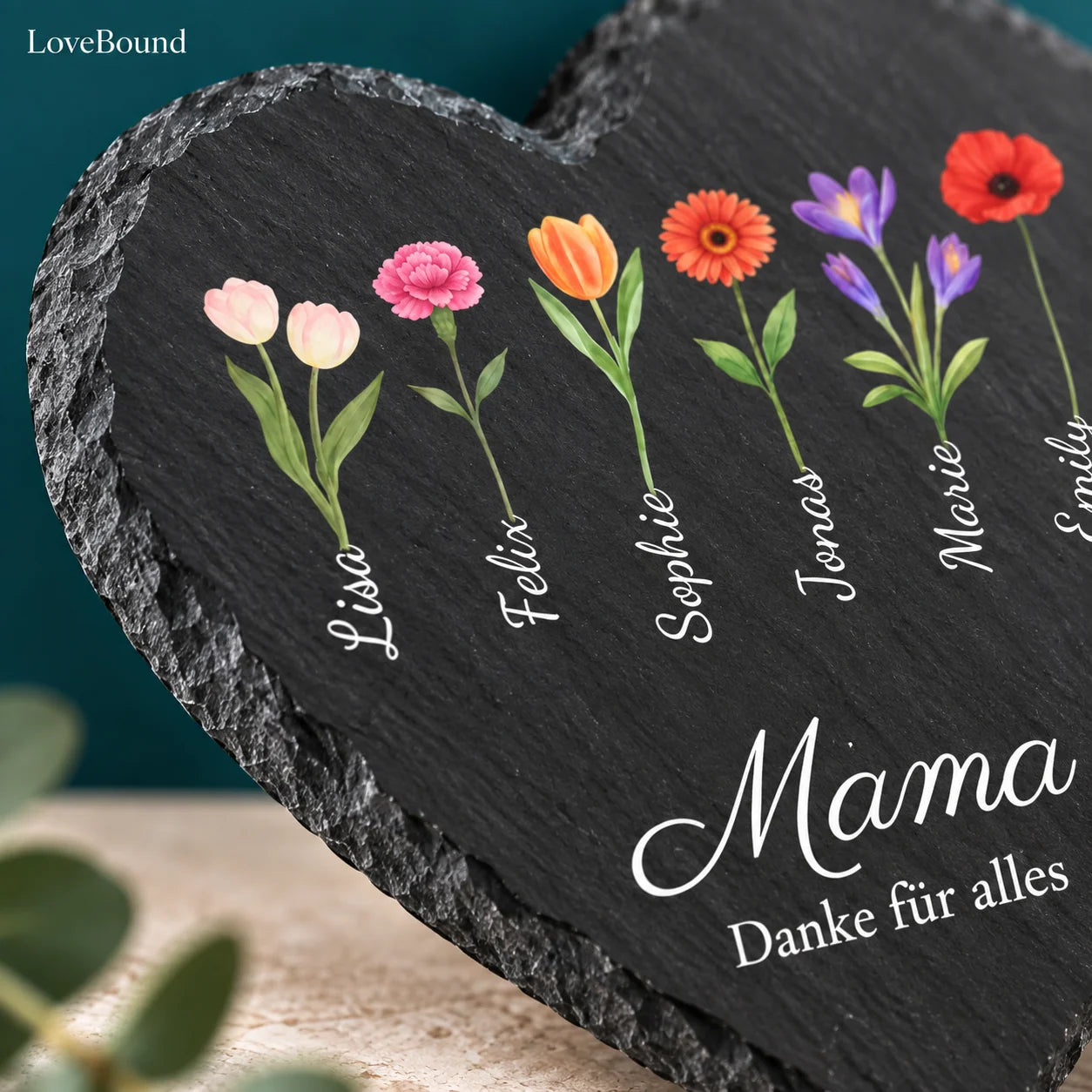 Schieferherz für Mama mit Geburtsblumen – LoveBound Galerieansicht 3