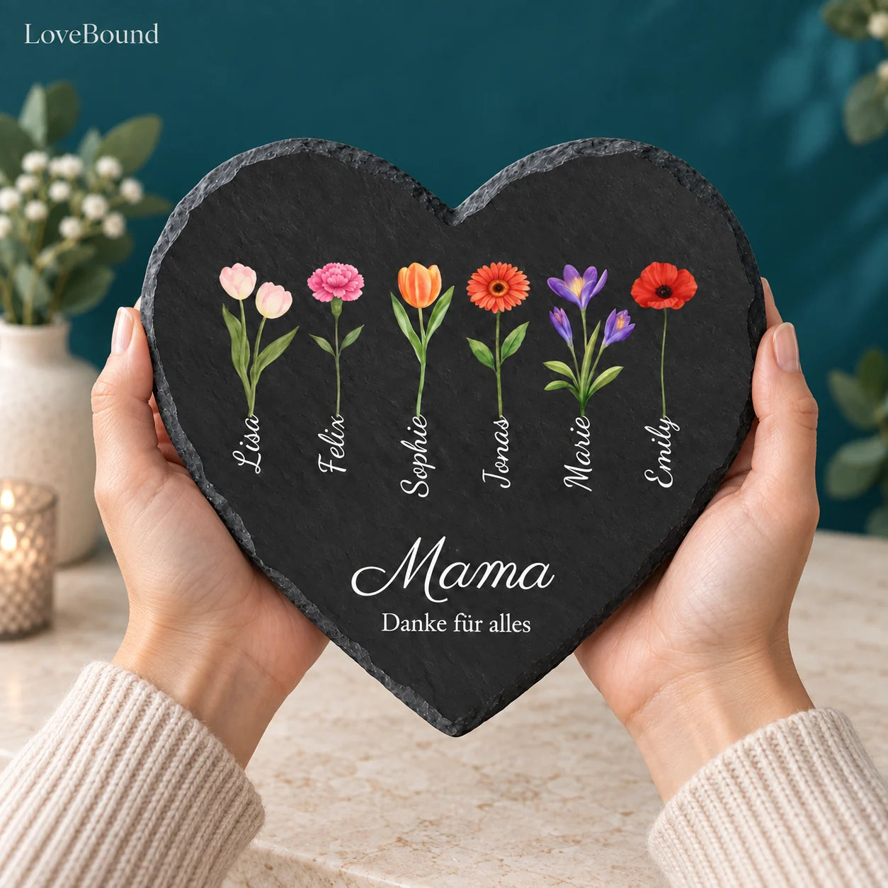 Schieferherz für Mama mit Geburtsblumen – LoveBound Galerieansicht 4