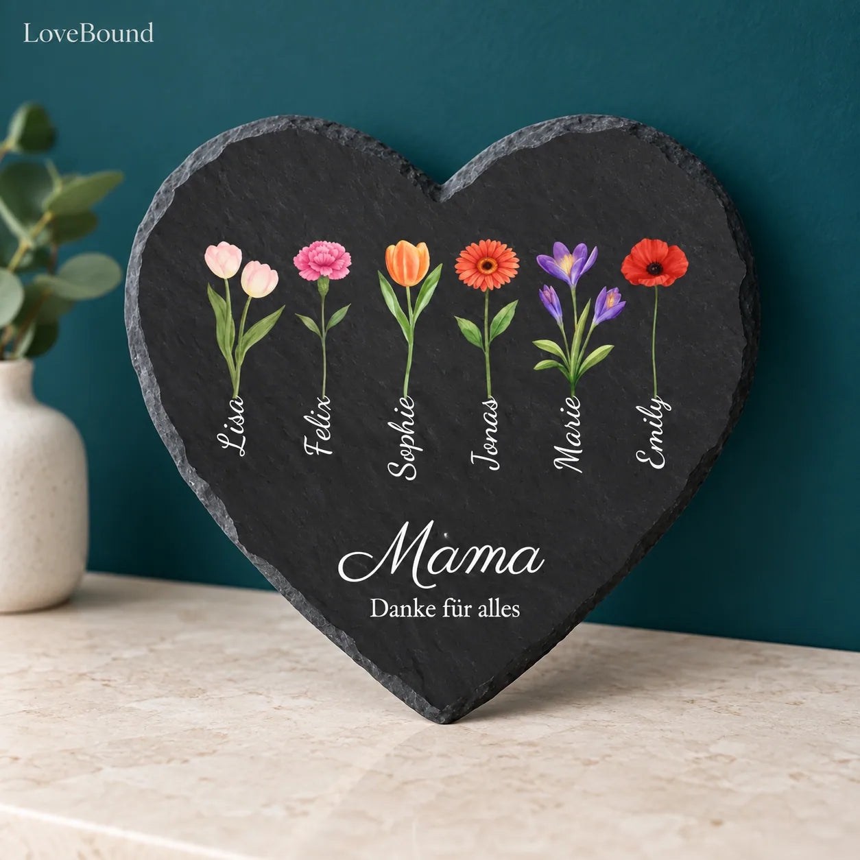 Schieferherz für Mama mit Geburtsblumen – LoveBound Galerieansicht 2