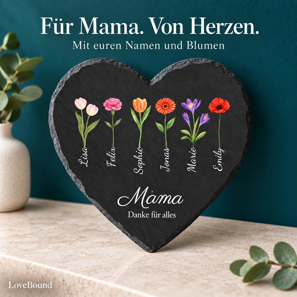Schieferherz für Mama mit Geburtsblumen – LoveBound Galerieansicht 1